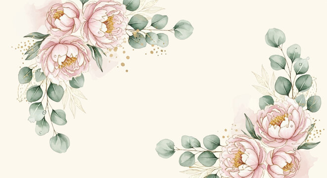 Elegant Watercolor Floral Corner Borders with Pink Peonies, Eucalyptus, and Gold Splatter