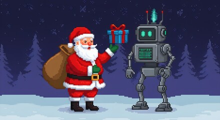 Santa claus gifts robot christmas festive scene pixel art illustration