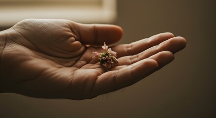 Obraz premium Tiny Flower Held Gently in Open Palm, Symbolizing Growth and Delicate Beauty