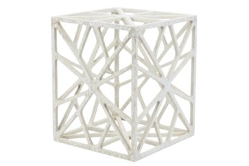 White 3d printed cube with a complex geometric lattice structure isolated on a transparent background