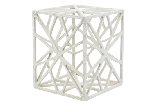 White 3d printed cube with a complex geometric lattice structure isolated on a transparent background