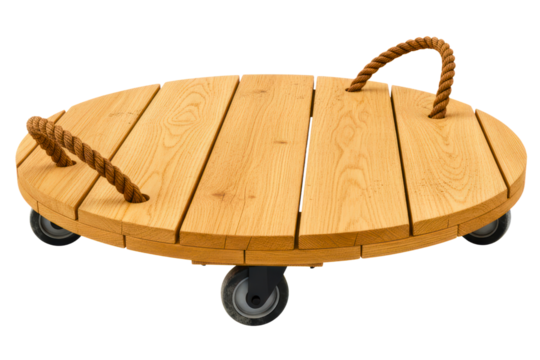 Round wooden plant caddy with caster wheels and rope handles isolated on a transparent background