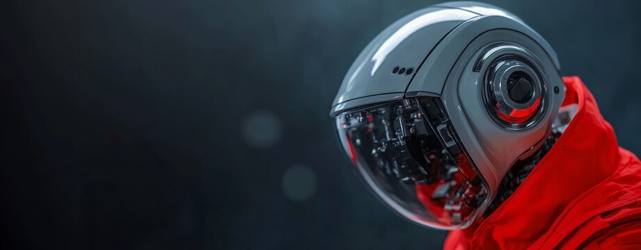Sleek futuristic robot head with transparent faceplate revealing intricate internal mechanics, wearing a vibrant red garment, conveying innovation and advanced technology.