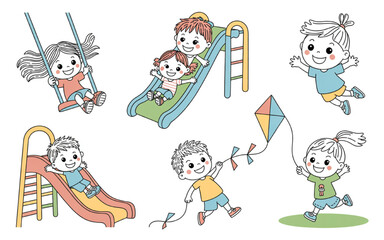 Fototapeta premium Set of cartoon children playing in the playground vector illustration of happy kids having fun with swing slide and kite isolated on white background