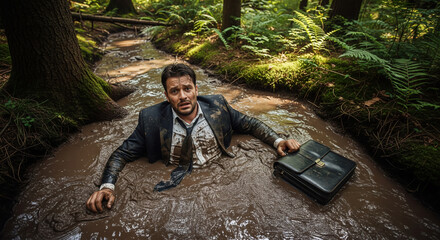 Businessman Stuck in Mud, Slow Progress and Stagnation in Business