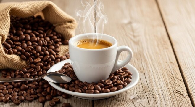 A steaming cup of coffee with beans and burlap sack on a rustic wooden surface in soft light - Powered by Adobe