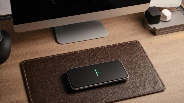 A modern desk scene with a phone on a woven leather pad and monitor