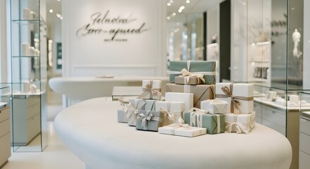 Luxury Minimalist Gift Shop Interior with Sculpted Stone Counter, Elegantly Wrapped Gifts, Modern Calligraphy Signage, Soft Daylight Reflections on Glass