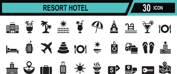 resort hotel icon set. containing hotel, tourism, wellness, beach, passport, maps, spa, and more