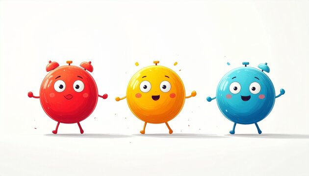 Three Cartoon Alarm Clocks Walking on white Background