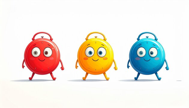 Three Cartoon Alarm Clocks Walking on white Background