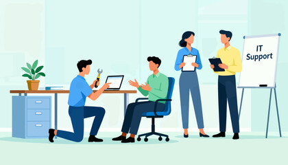 A group of people are working together in a room with a white board that says IT Support. Scene is collaborative and focused