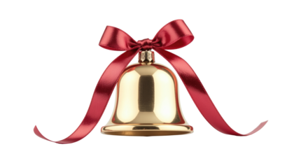 ornate golden bell adorned with a crimson ribbon bow, capturing a timeless elegance, ready for celebration. Isolated On Transparent and White Background