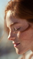 Obraz premium Warm sunlight illuminates a freckled redhead's gentle expression serene portrait lifestyle imagery