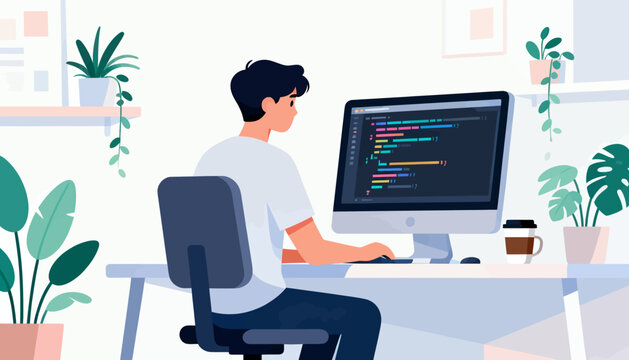 A man is sitting at a desk with a computer monitor and a cup of coffee. He is focused on his work, possibly writing code or working on a project. Concept of productivity and concentration