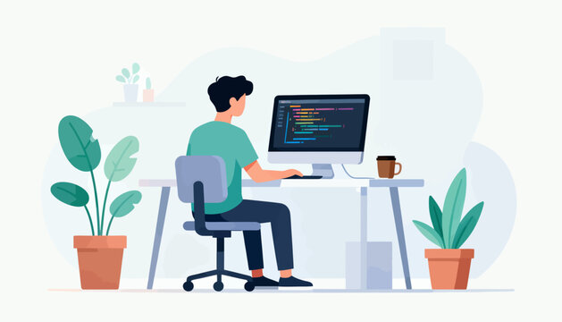 A man is sitting at a desk with a computer monitor and a cup of coffee. He is working on a project, possibly related to programming or web design. The room has a potted plant and a vase