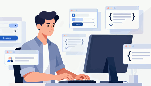 A man is sitting in front of a computer with a keyboard and a mouse. He is typing on the keyboard and looking at the screen. Concept of a person working on a computer, possibly for a job or a project