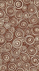Abstract artwork featuring a dense pattern of swirling, concentric circles in shades of brown and cream.