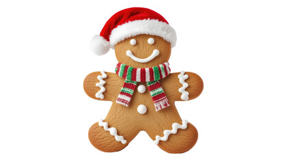 Cheerful gingerbread man wears a festive hat and scarf, embodying holiday cheer. A delightful embodiment of holiday spirit and joyful baking. Isolated On Transparent and White Background