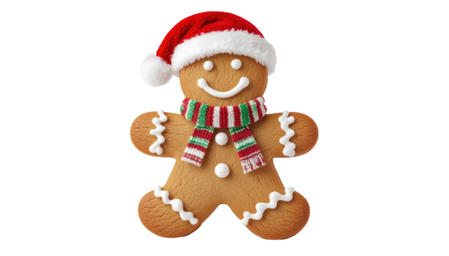 Cheerful gingerbread man wears a festive hat and scarf, embodying holiday cheer. A delightful embodiment of holiday spirit and joyful baking. Isolated On Transparent and White Background