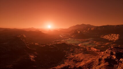Naklejka premium Stunning martian sunrise orange red sky over rugged terrain with craters and dramatic shadows