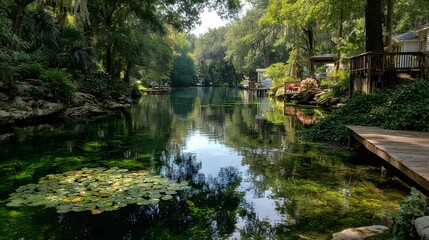 Serene Lake Surrounded by Lush Greenery with Lily Pads and People Fishing from Wooden Docks