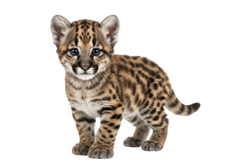 Adorable baby mountain lion cub portrait, cute feline animal, wildlife photography, isolated on transparent background