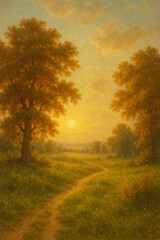 Vertical Pictorial Landscape of a Sunny Forest Path in August with Warm Light and Green Trees