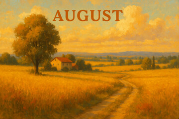 Golden August Countryside with Dry Grass, Trees, and Small Houses along a Sunny Rural Path