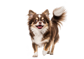Adorable long haired chihuahua dog running towards camera with tongue out pet animal isolated on transparent background