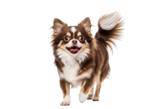 Adorable long haired chihuahua dog running towards camera with tongue out pet animal isolated on transparent background