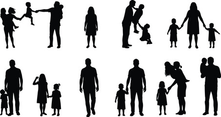 Adult and child silhouettes, family interaction, black and white, caregiving poses, walking, lifting, holding hands, parent-child relationship design