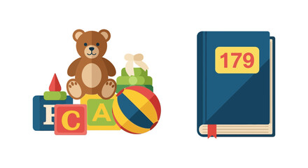 Obraz premium Colorful toys for kids isolated on white background, book with number 179 vector