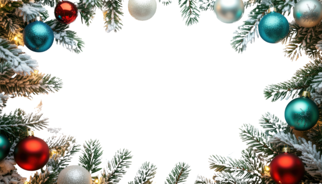 Festive Christmas Frame with Baubles and Greenery, Perfect for Holiday Season! Isolated On Transparent and White Background