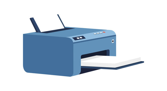 Modern blue printer creating paper documents in a clean, bright workspace