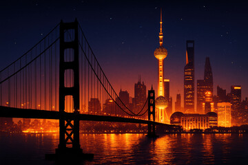 Obraz premium Golden Gate style bridge silhouette at night over water with illuminated modern city skyline and tower reflected in orange lights, moody starry sky and calm riverfront atmosphere