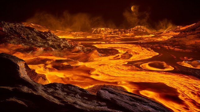 Dramatic volcanic landscape on io molten lava, smoking volcanoes, and alien rocky terrain - Powered by Adobe