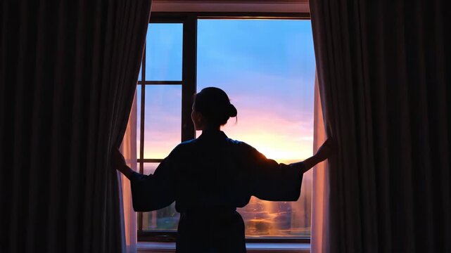 Silhouette of a woman opening hotel window in the morning, with morning light in hotel room and cityscape at sunrise.
