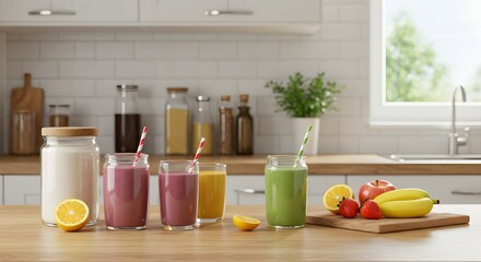 Colorful smoothies on a wooden countertop in a bright kitchen setting