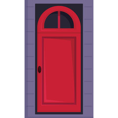 A Vivid Red Arch Top Door With A Dark Wood Grain Texture And A Small Black Door Knob Situated In A Gray Brick Wall Detailed With Subtle Shading For Depth And Realism