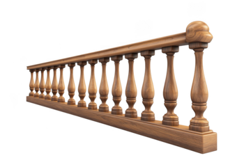 Detailed wooden balustrade railing staircase architecture design element rendered in 3d model isolated on transparent background