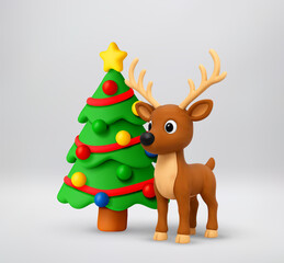 3d cartoon reindeer with Christmas tree decorated with star and ornaments. Happy New Year and winter holiday concept for decorative design element. Vector illustration