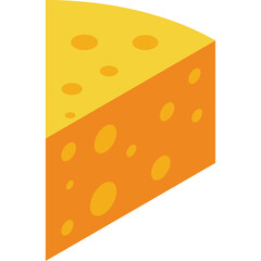 A wedge of yellow cheese with orange hues and distinct circular holes representing air pockets isolated on a transparent background for a clean and versatile graphic element