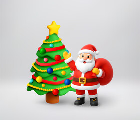 Happy Santa Claus waving hand with a sack of gifts standing next to decorated Christmas tree. 3d stock vector illustration for Christmas and New Year holiday. Vector illustration