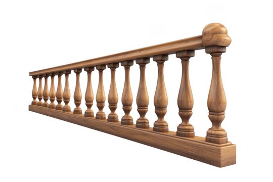 Detailed wooden balustrade railing staircase architecture design element rendered in 3d model isolated on transparent background