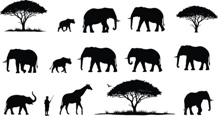 African wildlife silhouette with elephants, giraffe, rhinoceros, trees and nature landscape, safari animals scene illustration, jungle adventure concept art