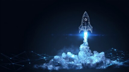 Futuristic blue wireframe rocket launching from dark high tech background, symbolizing innovation