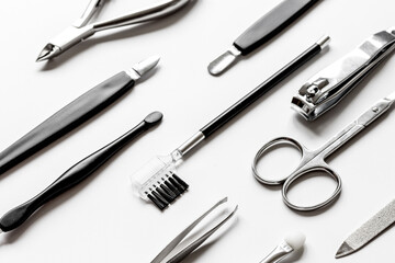 set of metallic manicure tools macro