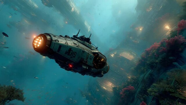 Futuristic Submersible Vehicle Exploring Underwater City Ruins, Science Fiction Concept, Marine Exploration, Deep Sea Adventure