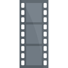 A vertical strip of gray film reel with three blank frames and perforated edges isolated on a transparent background